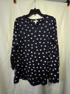 Shein Womens Polka Dot Tunic Blouse Navy White Button Notch Neck M